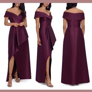 NWT $289‎ XSCAPE [ 12 ] Off Shoulder Draped Asymmetrical Gown in Burgundy